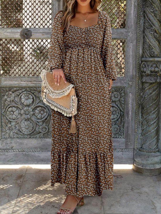Dokotoo Dresses & Skirts - Dokotoo NWOT Brown Floral Smocked Long-sleeve Maxi Dress Boho Flowy - Medium